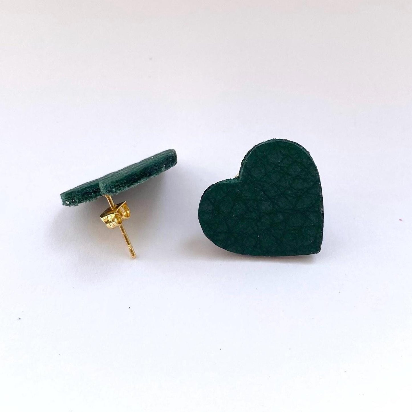 Leather Heart Stud Earrings - Dark Green